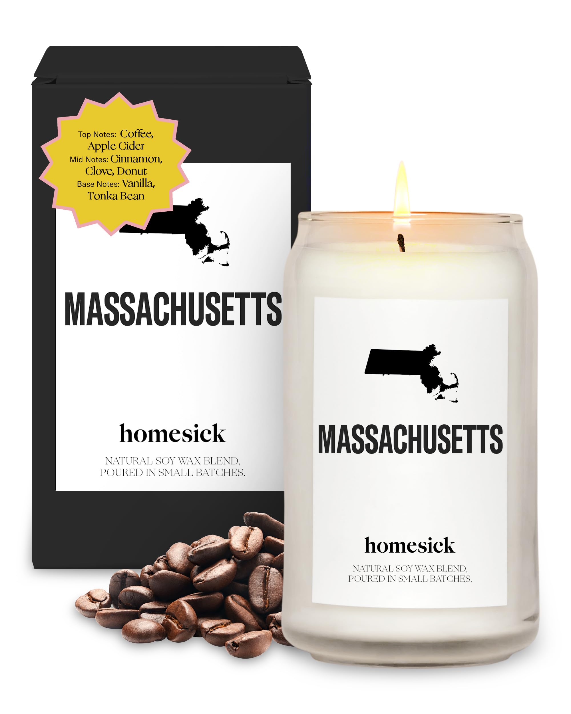 Homesick Scented Candles for Home (Massachusetts) - 13.75 oz Long-Lasting Soy Wax Jar Candle for Women & Men for All Occasions, 60-80 Hours Burn Time - Notes of Coffee & Apple Cider