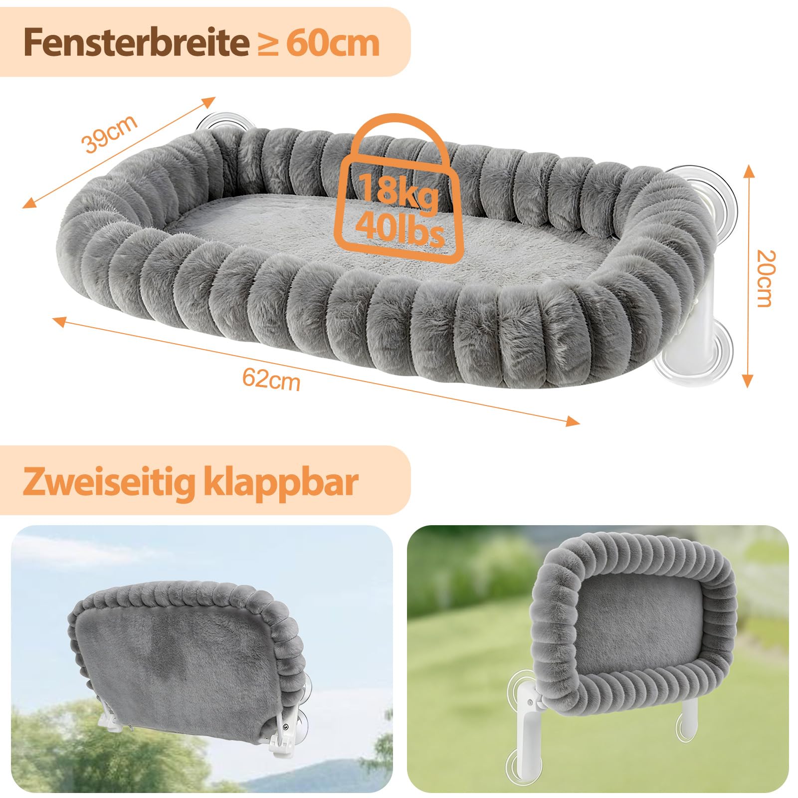 Katzen Fensterliege, Klappbarer Katzenbett Fenster Katzenliege Fensterbank Hängematte mit 4 Saugnäpfen, Abnehmbarem Wendebezug, Weicher Plüsch, Waschbares Bett für große Katzen & Kätzchen (Grau)
