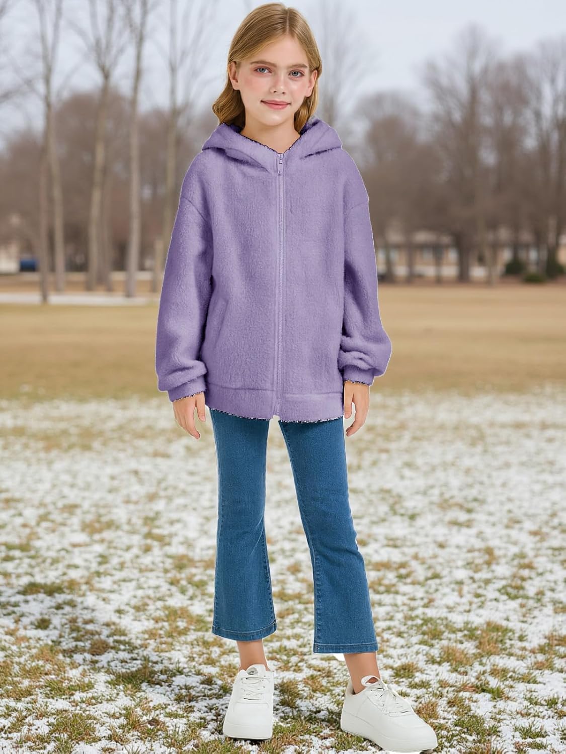 Girls Fuzzy Outerwear Jacket Kids Soft Oversized Jackets Zip up Hoodie Warm Sweatshirt with Pockets 5-14 years - Image 3