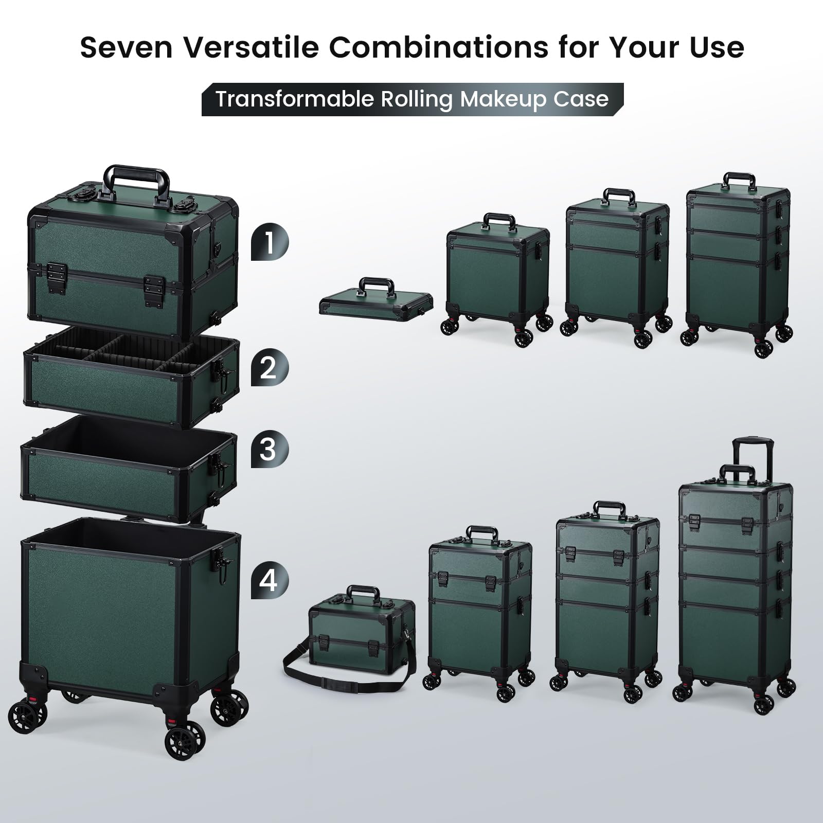 Valise de Maquillage Professionnelle - Mallette à Ongles et Coiffure, Structure Renforcée, 5 en 1 avec roulettes 360°, Serrure et Poignée Téléscopique, Idéale pour Rangement Professionnel,Vert