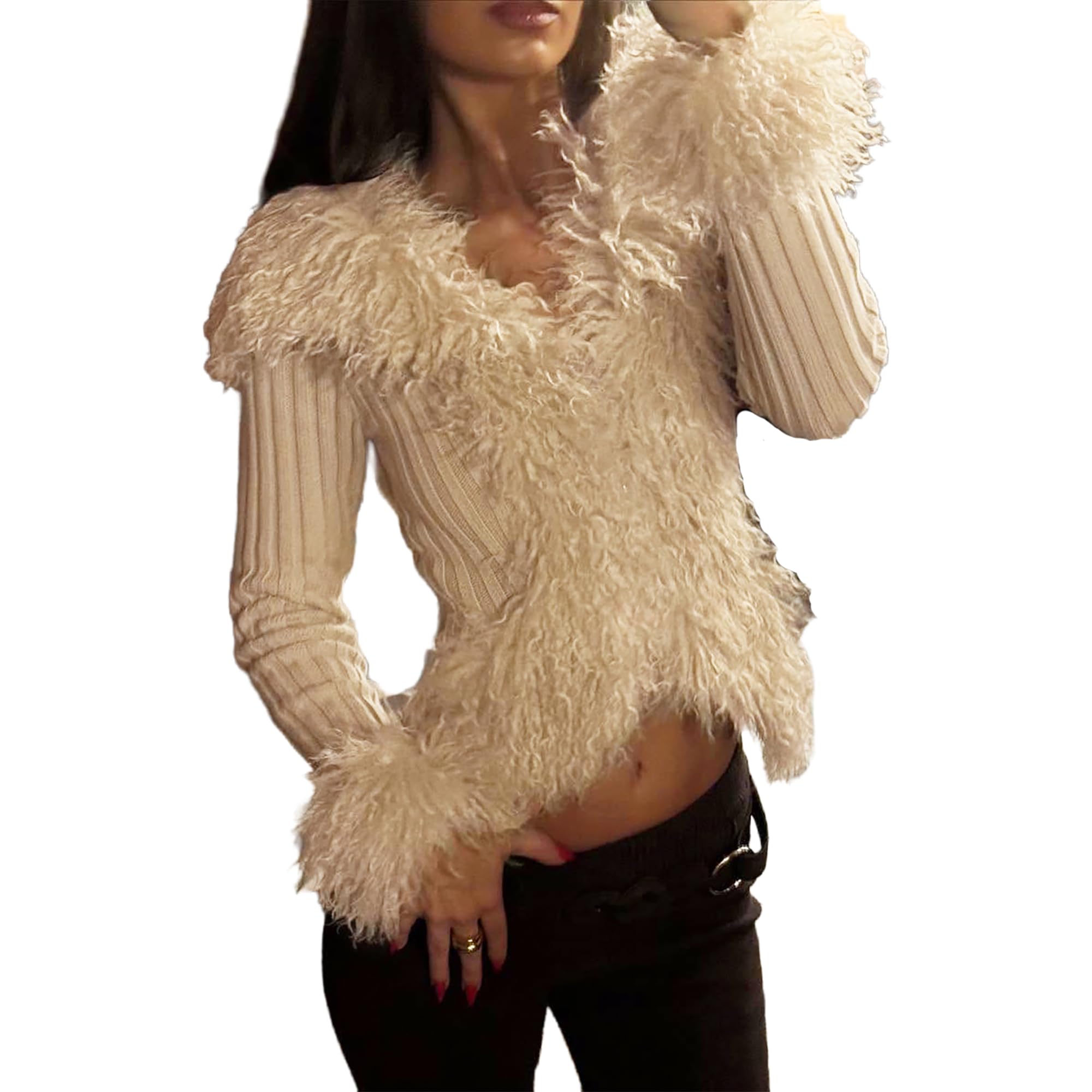 Sweater Jacket for Women Elegant Knit Long Sleeve V Neck Fur Sleeve Cardigan Fall Coat