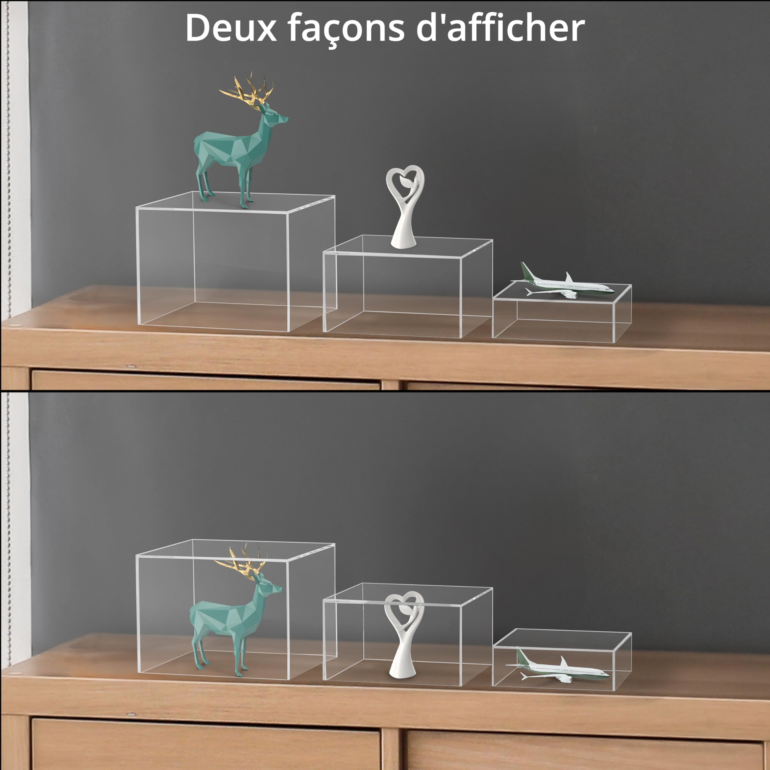 Winter Shore Cube Plexi Transparent [Lot de 3] - Présentoir Acrylique Emboîtable avec Fond Vide - Presentoire Plexiglace Carré pour Présentation en Magasin et à la Maison - Petit, Moyen, Grand