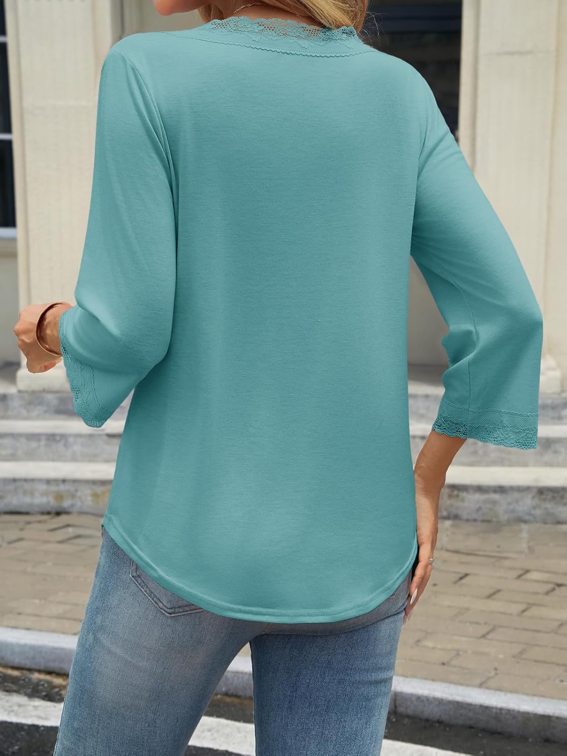 Tankaneo Womens 3/4 Length Sleeve Tops Lace V Neck T-Shirts Dressy Casual Loose Fit Tunic Shirts - Image 6