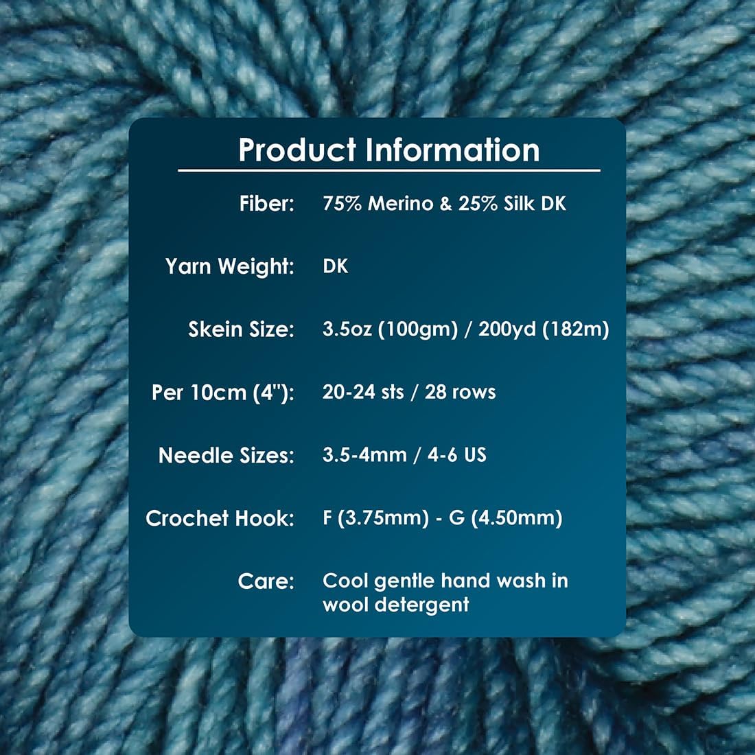 KnitPro Symfonie Hand Dyed Yarn | Extra Fine Merino Wool & Silk Blend for Knitting & Crocheting, DK Weight, Oeko-TEX Certified, Colorfast Fiber 182m, 100g Skein | Luna Semisolid Skylight