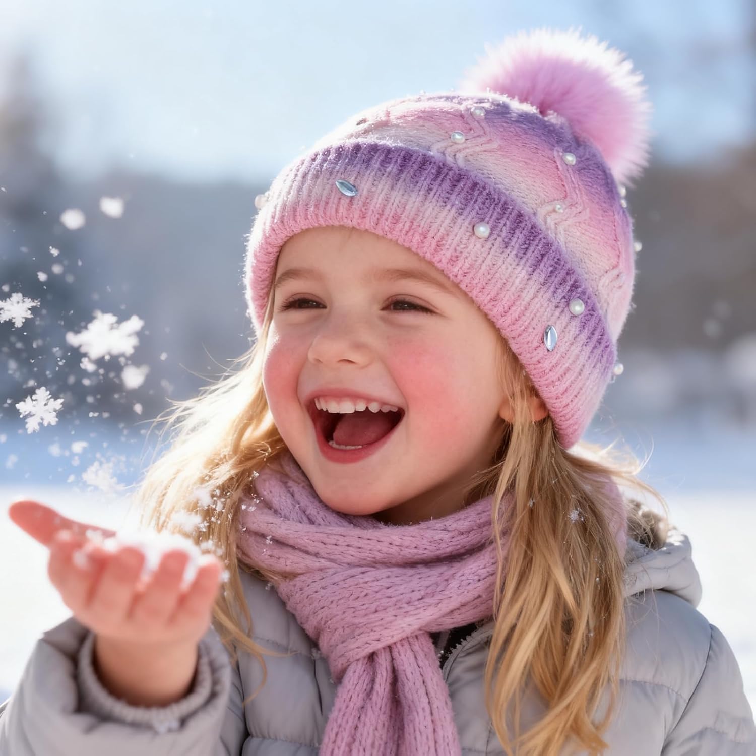 Kids Winter Knit Hat with Pompom - Sparkly Sequin & Pearl Rhinestone Beanie, Warm Ski Cap for Boys & Girls Ages 3-14(Pearls-Pink Purple,7-14 Y) - Image 5