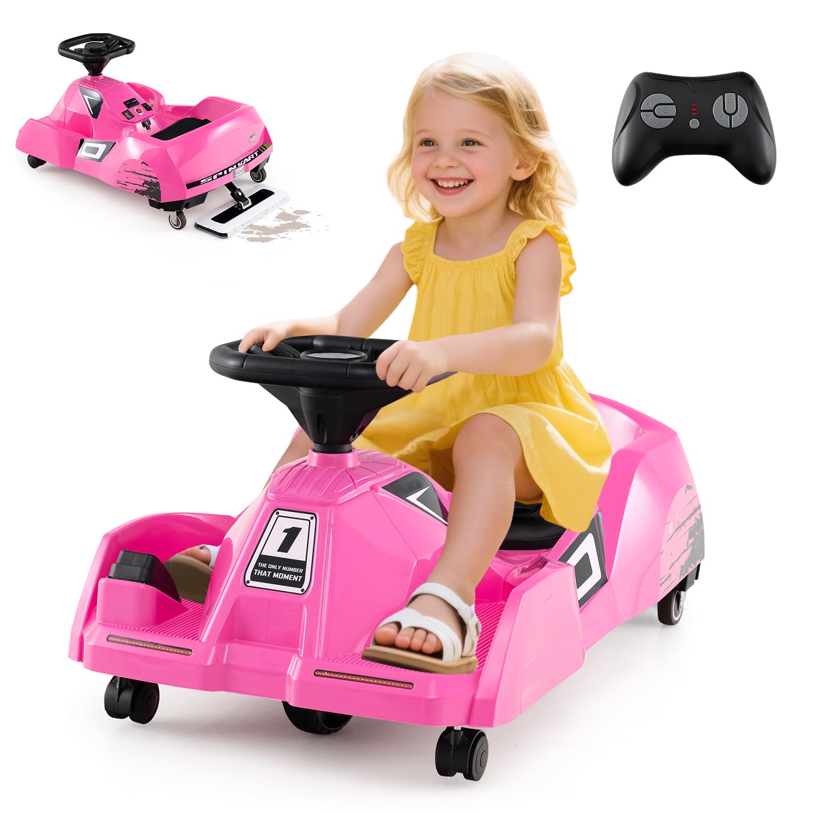COSTWAY 3 in 1 Reinigungs Kinder Elektro Gokart, 12V Cleaning Drift Kart mit abnehmbarem Mopp, 2-4 km/h, Go Cart mit Musik, Fernbedienung & Hupe, Kinderfahrzeug Tretauto für 2-5 Jahren Kinder (Rosa)