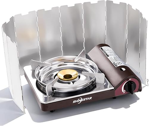 SHINESTAR Estufa de butano de 14000 BTU para camping, doble protector contra el viento, estufa de butano portátil para camping, senderismo,