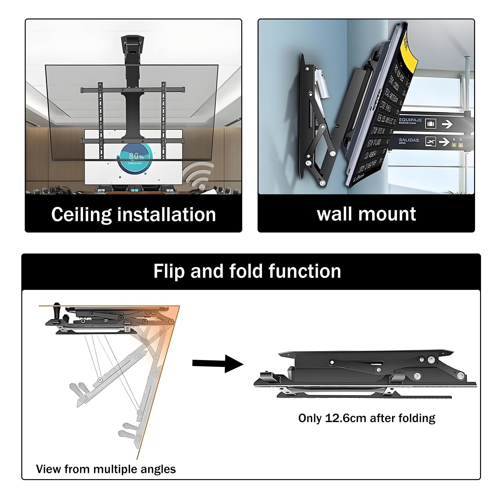 Supporto TV da soffitto Ribaltabile con Telecomando, Staffa elettrica a Scomparsa per TV Curve Piatte da 32-70/50-90 Pollici, Adatto a tetti inclinati/Piani, capacità di carico 45/60 kg 50-90"