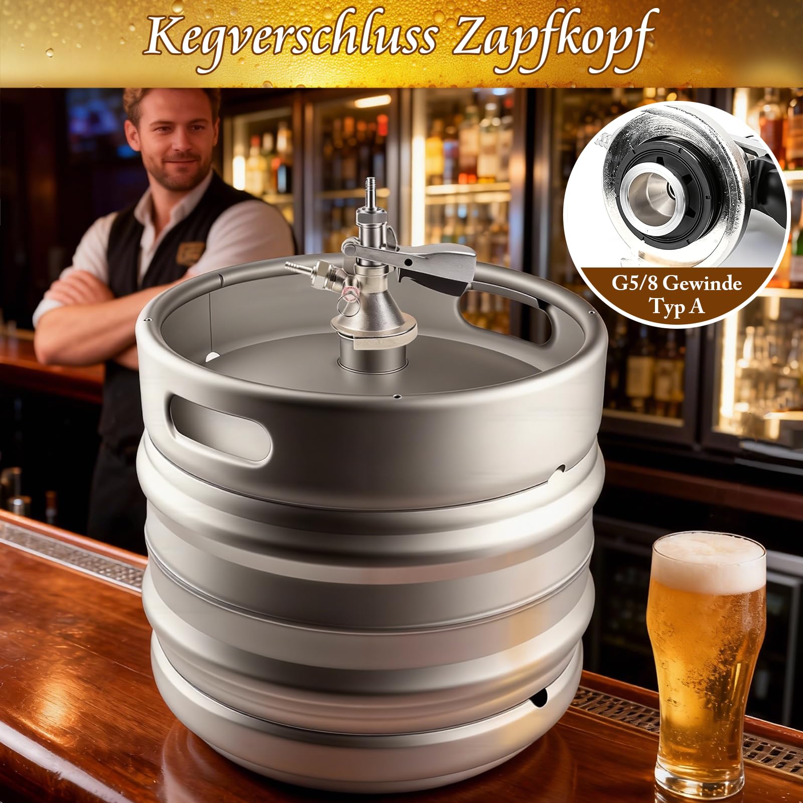 Kegverschluss Zapfkopf Typ A G5/8 Gewinde mit Überdruckventil, Brauen Fassbier Fasshähne 304 Edelstahl Bierzapfhahn für Bars Restaurants Familienfeiern