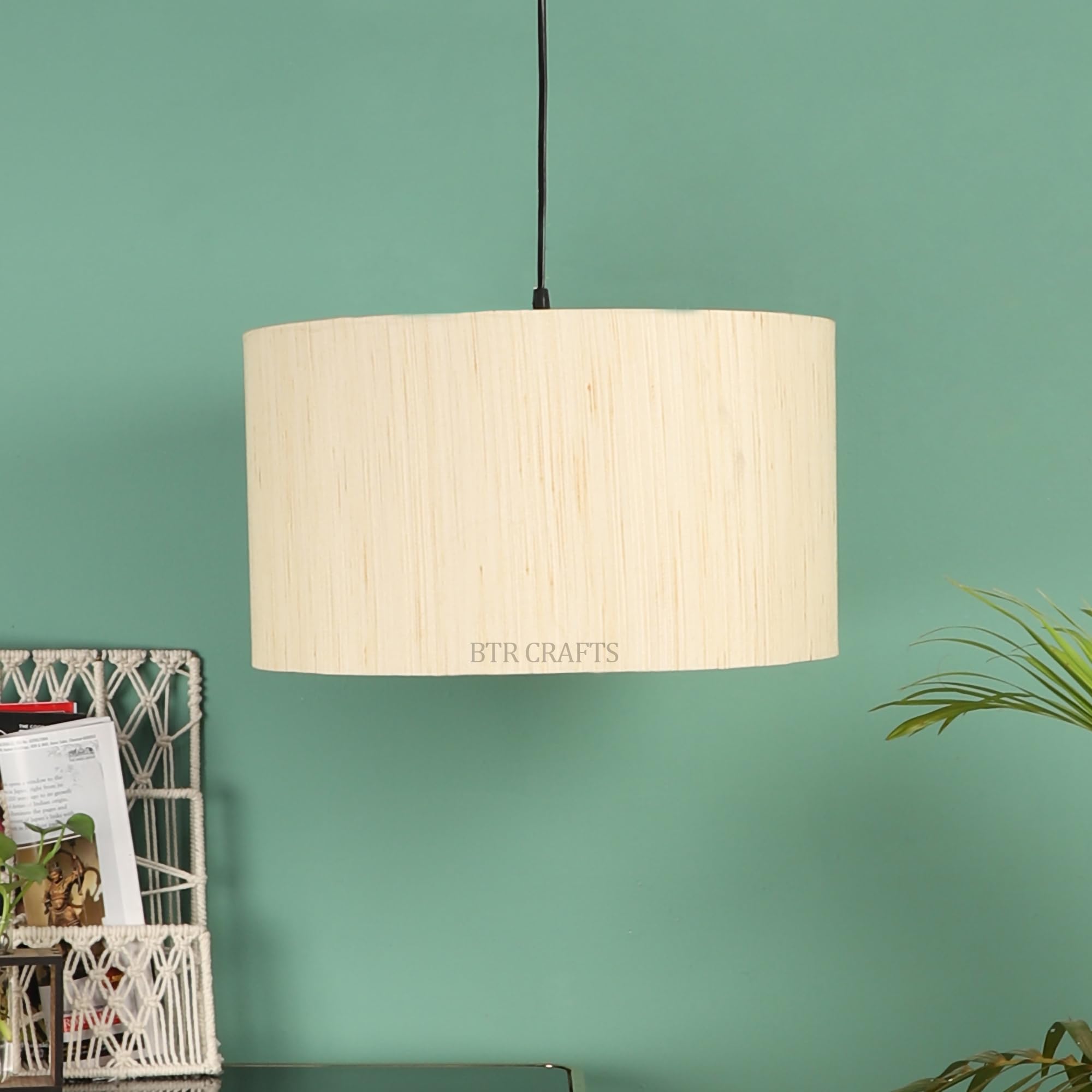 Unique Hanging Light, 16" Inches Hanging Drum Lamp Shade, Decorative Light for Living Room, Home, Bedroom, Home Décor Lightning/Silver Canopy (Cream Texture)-picture-32