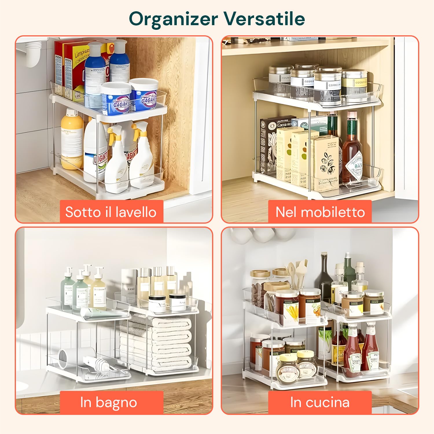 Avilia Set 2 Organizer Cucina e Bagno con Cassetti Estraibili - Scaffale Salvaspazio Impilabile a 2 Livelli - Organizer Sottolavello per Detersivi, Spezie e Cosmetici - Facile Montaggio - Bianco
