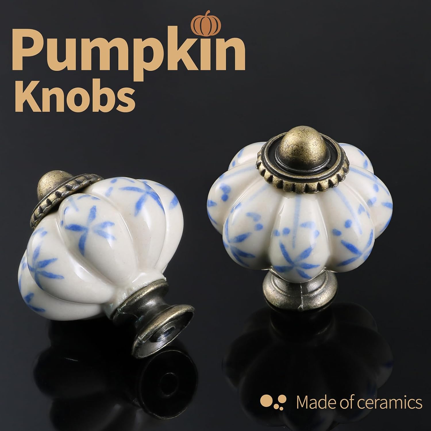Ivory & Blue Pumpkin Knobs 2 Pack Ceramic Cabinet Knobs Vintage Drawer Pulls - Antique Dresser Pulls with Screws - Blue Flower