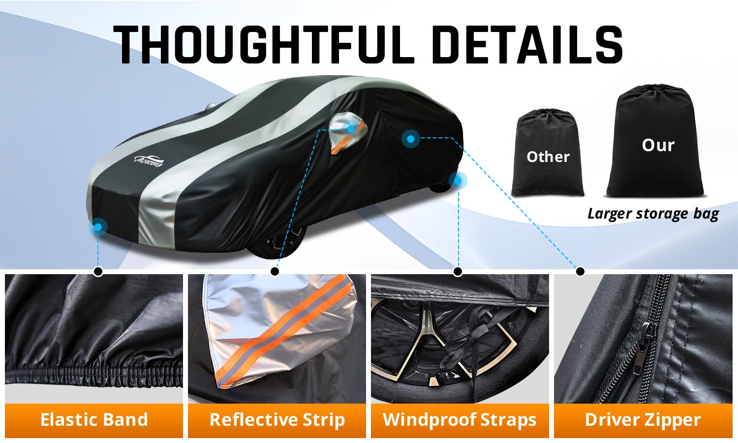 AltoCover Car Covers for Automobiles All Weather Waterproof with Silver Stripe Design Universal Fit Kia Stinger K5 Optima — view 4