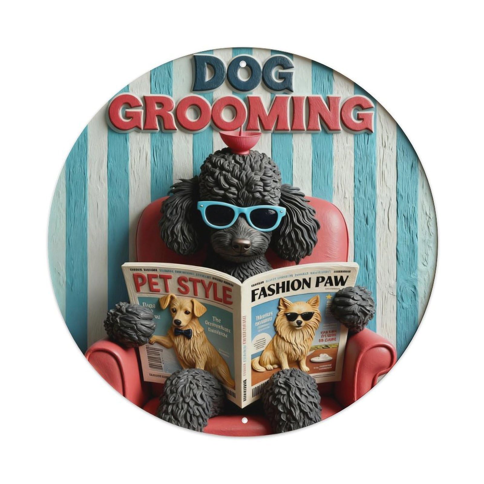 Dog Grooming Magazine Reading Poodle With Sunglasses Round Metal Tin Sign Vintage Wall Decor, Bar Garage Cafe Kitchen Home Wall Art Poster 8x8inches