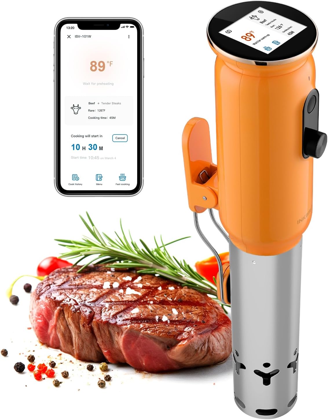 INKBIRD 2.4G WiFi Sous Vide Cooker ISV-101W, 1000 Watts Sous Vide Machine Thermal Immersion Circulators 3D Water Circulation Heating with App Preset and Machine Recipes, Pre-alarm (Ornage)