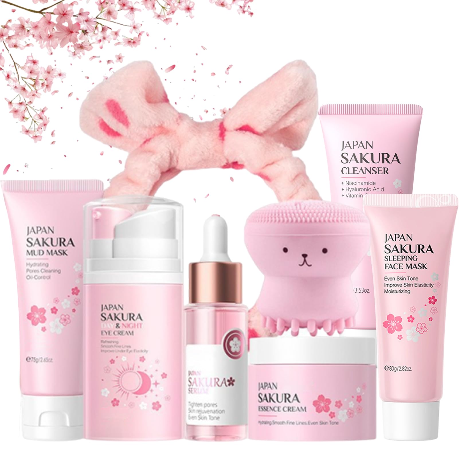 Japan Sakura zestaw do pielęgnacji skóry dla nastolatek i dziewcząt – Sakura Skin Care, zestaw do pielęgnacji twarzy, nawilżający zestaw upominkowy dla kobiet – z maską błotną, serum, kremem, kremem