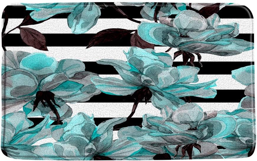 AMFD Teal Gray Bath Mat Blue Flower Floral Pattern with Roses Watercolor Colorful Abstract Arrangement Black Bathroom Shower Mat Kitchen Rug Microfiber Memory Foam 16x24 Inches and 20x31 Inches