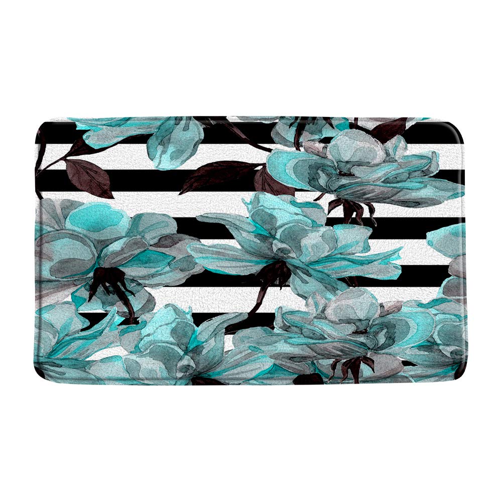 AMFD Teal Gray Bath Mat Blue Flower Floral Pattern with Roses Watercolor Colorful Abstract Arrangement Black Bathroom Shower Mat Kitchen Rug Microfiber Memory Foam 20x31 Inches
