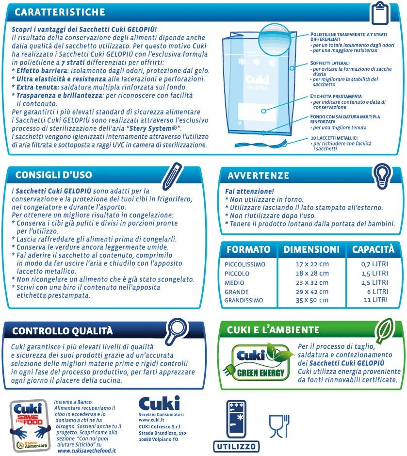 Cuki Gelopiù Freezer Bags 7 Layers Maxi Medium Stock - 23 X 32 Cm - 2.5 L - 4 Packs Of 40 Pieces - 630 g