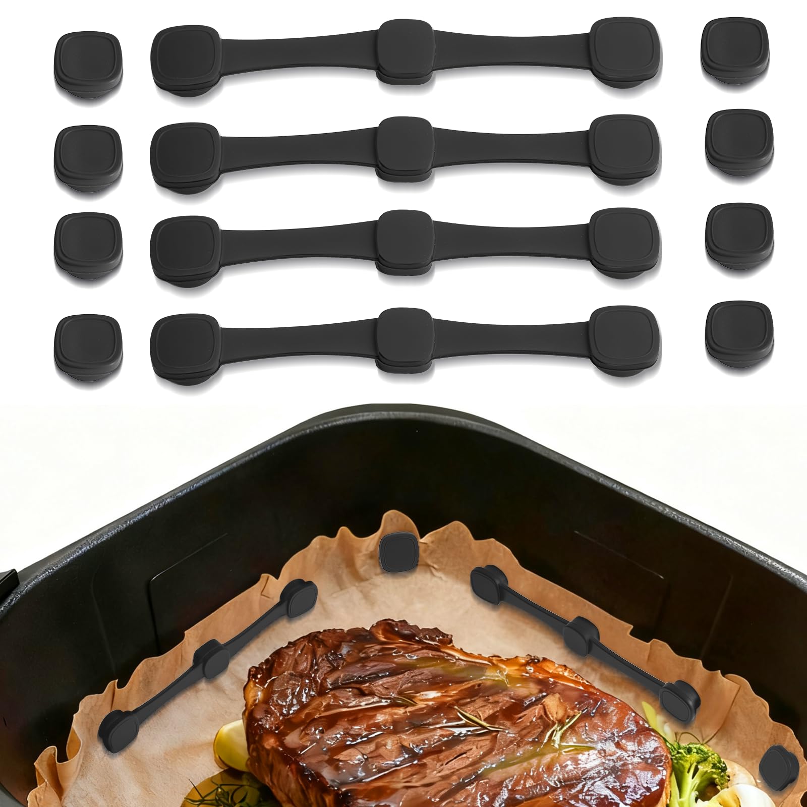 Romon 4 Silicone Magnetic Buckles for Air Fryer, Baking Paper, Prevent Disposable Paper Sheets from Covering Food, Black