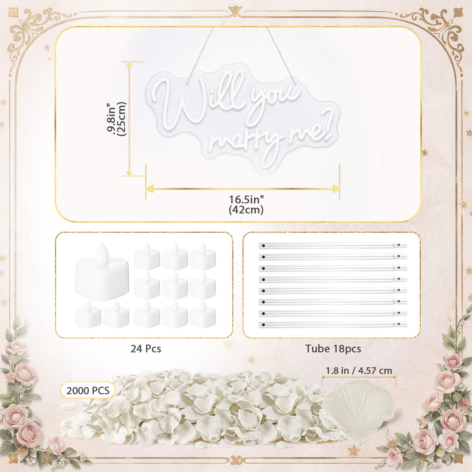 Coume Kit de decoración de propuesta de boda de 7 pies, letrero de neón grande de metal, 24 velas LED de corazón y 2000 pétalos de rosa blancos para propuesta al aire libre, boda, compromiso