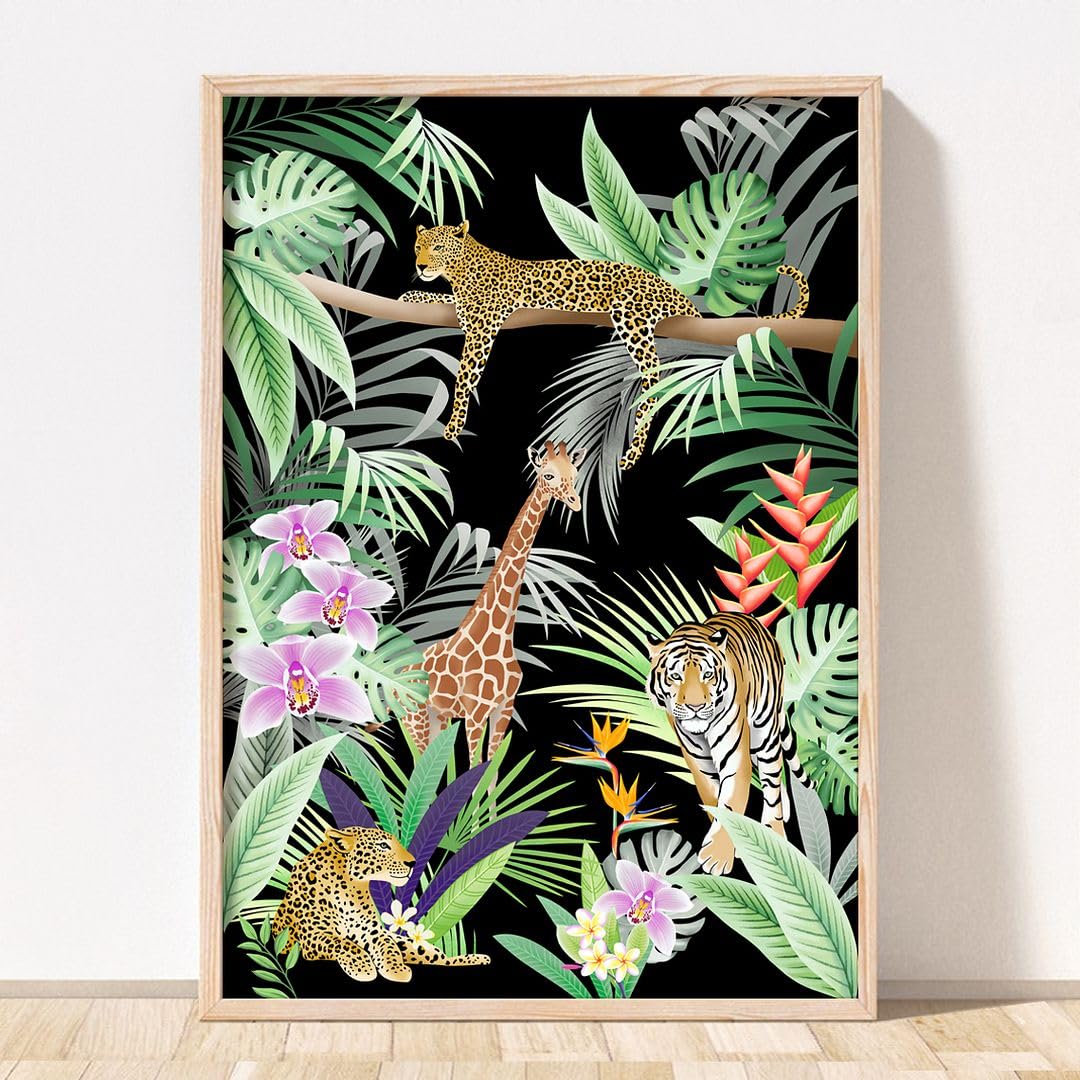 Rubybloom Designs Black Background Leopard Safari Jungle Animal Scene - A4 (21Cm X 29.7Cm) Unframed - Giraffe Tiger Tropical Plant Illustration Wall Art Picture Decor