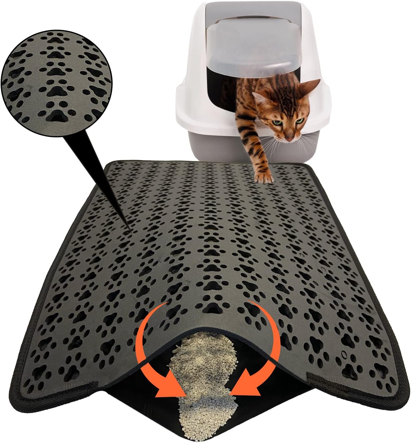 KAYOUBI Cat Litter Mat Litter Trapping Mat, Double-Layer Kitty Paw Design Mat, Waterproof, Easy to Clean, Non-Slip, Scatter Control, Sifting (Black)