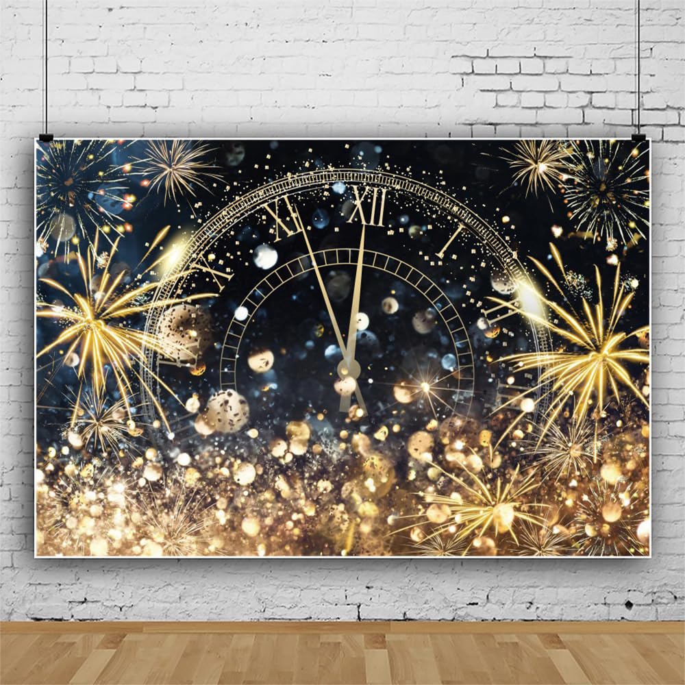 Leowefowa 20x10ft Vinyl Happy New Year Backdrop Clock Golden Fireworks Glitter Dots Background New Year Eve Party Supplies Family Reunion Photo Booth