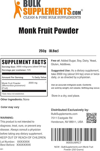 Miniatura 2 de BULKSUPPLEMENTS.COM Monk Fruit Powder - Edulcorante de fruta de monje, fruta de monje pura sin eritritol, sustitutos del azúcar para hornear y