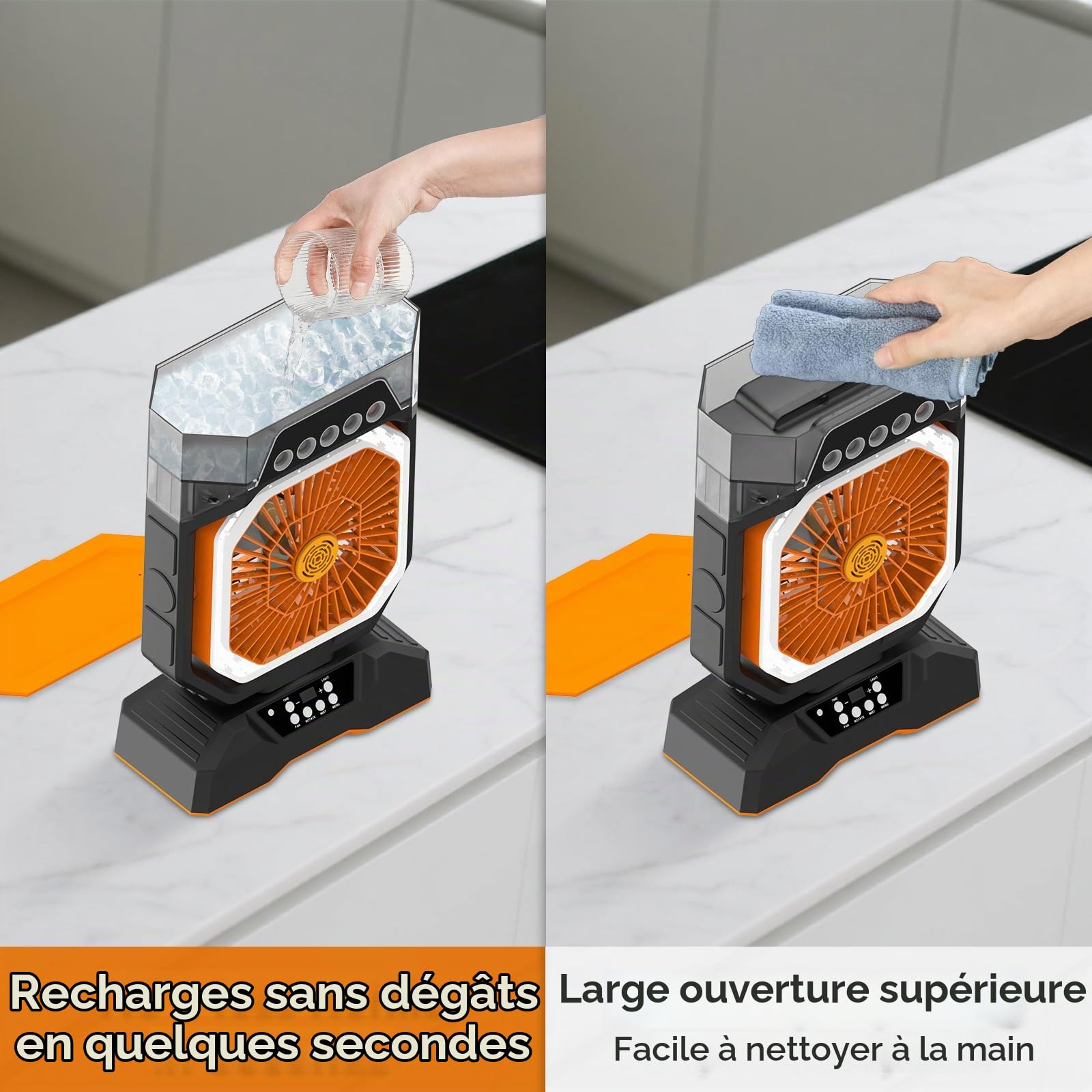 Ventilateur brumisateur rechargeable pour camping et maison - Ventilateur de refroidissement portable à 6 vitesses avec brume réglable, boîte d'aromathérapie, minuterie de 8 heures, batterie à charge