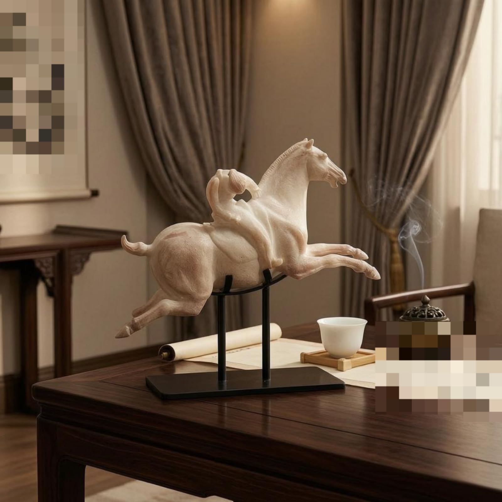 Qianly Scultura Statua Equestre Arte Figura Cavallo E Cavaliere in Resina con Base Stabile Movimento Energico Adatta per Libreria Consolle Scrivania Salotto, Marrone