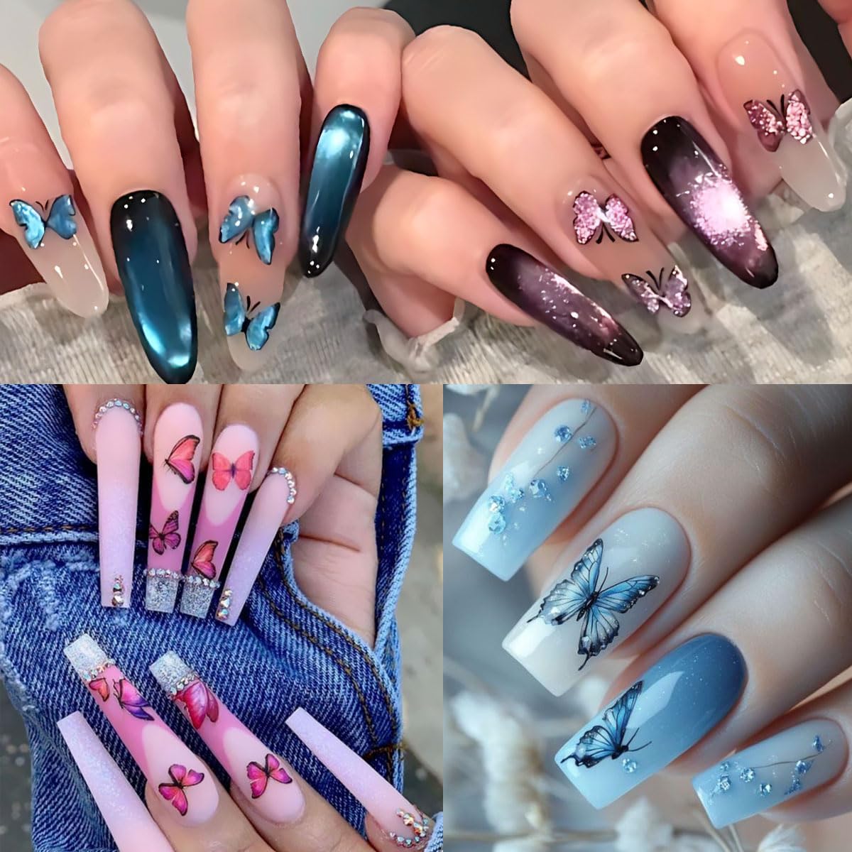 Butterfly Nail Art Stickers, Blue Purple Pink, 6 Sheets with Nail Tweezers, French Flower Butterfly Nail Charms Wing 3D Glitter Stickers for Nail Decoration