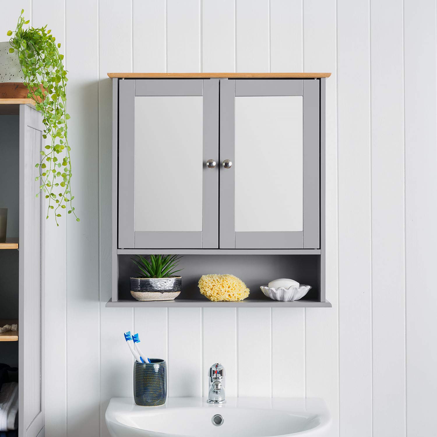 CHRISTOW Mirrored Bathroom Wall Mounted, Grey & Bamboo Wooden Bathroom Mirror Storage