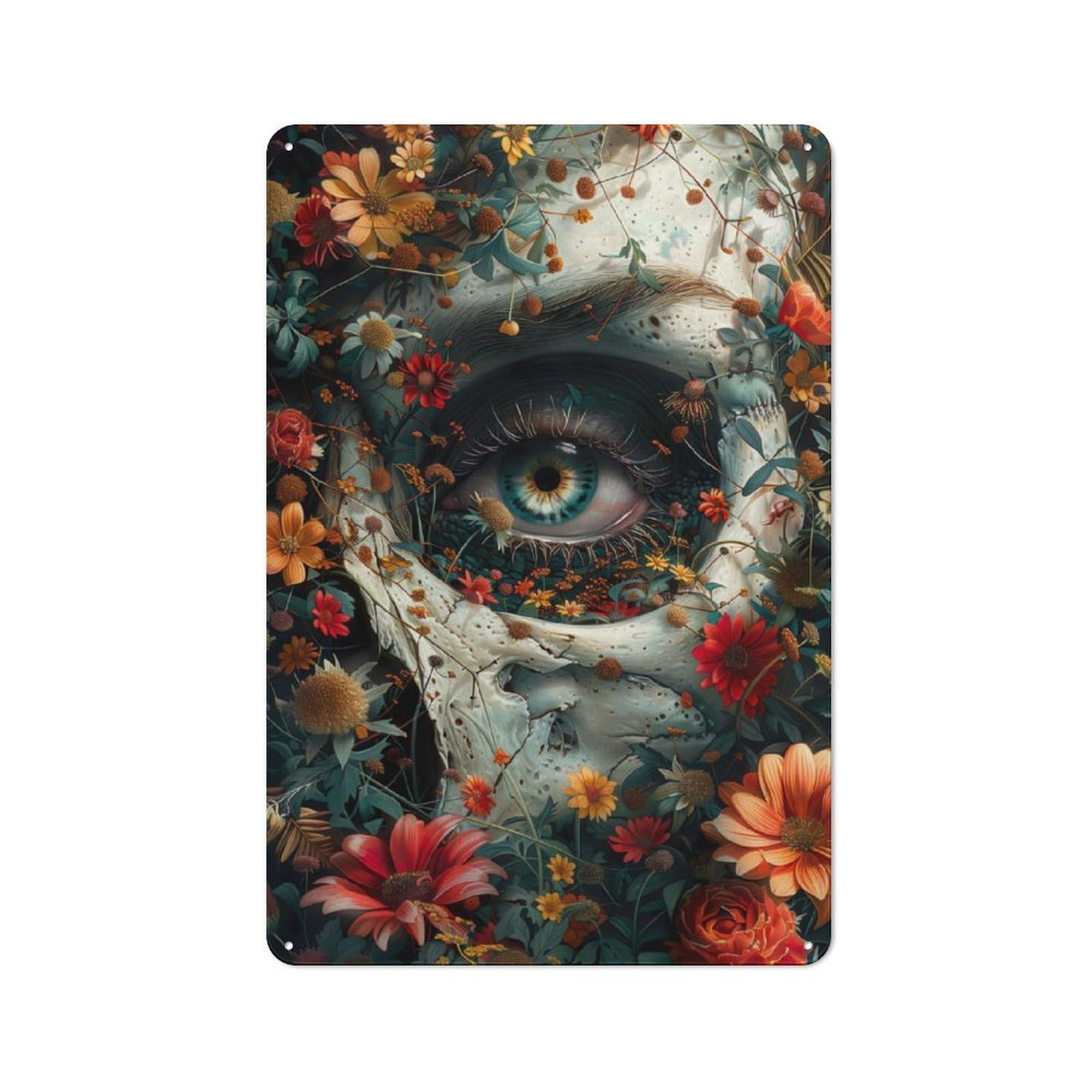 Floral Skeleton Skull Metal Wall Sign 30x20cm, Rustic Decor for Garage Wall, for People Furnishing A Garage