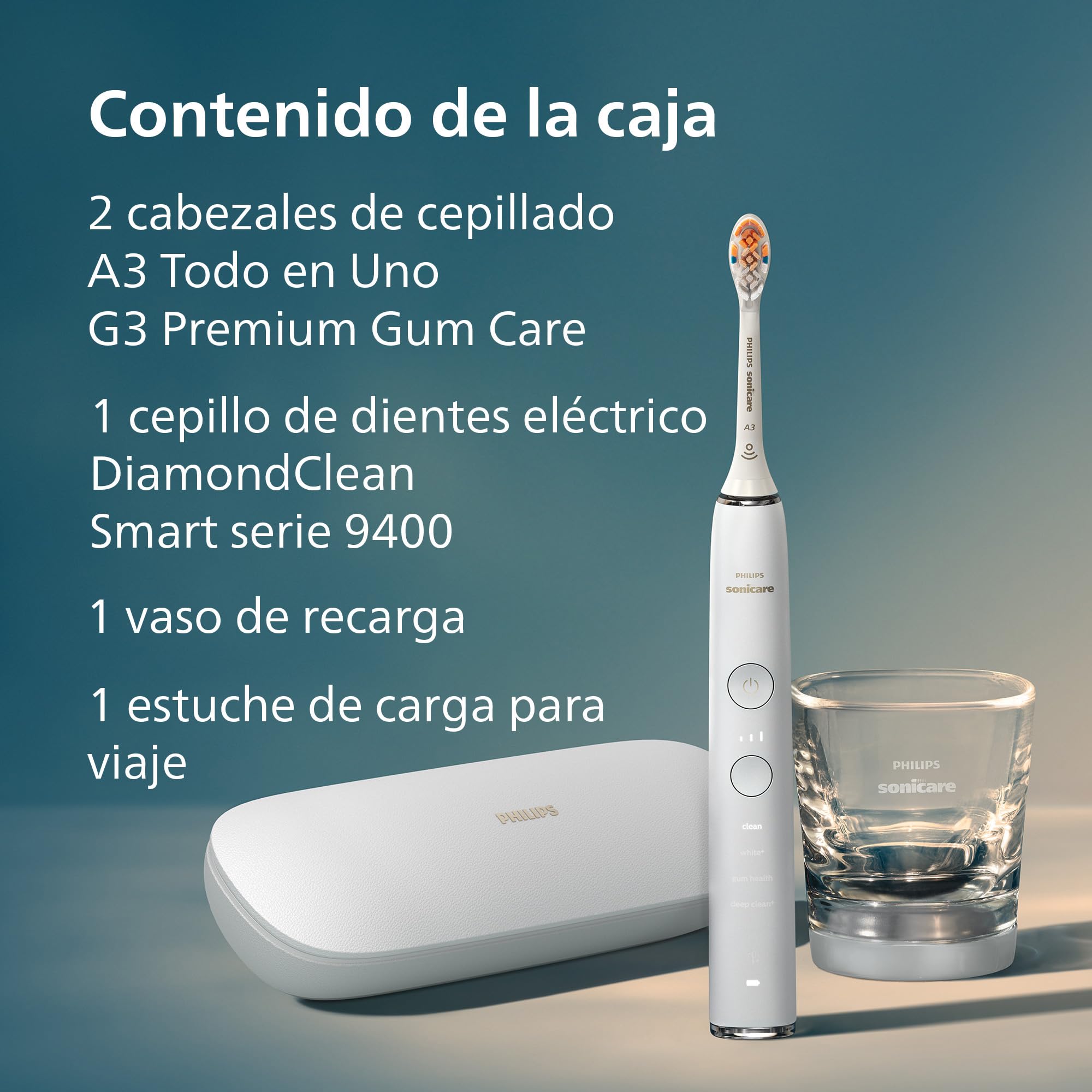 Philips Sonicare DiamondClean Smart 9400, cepillo dental eléctrico, con aplicación, sensor de presión, detección de cabezal de cepillado, blanco, modelo HX9917/88, Blanco, 2 Cabezales