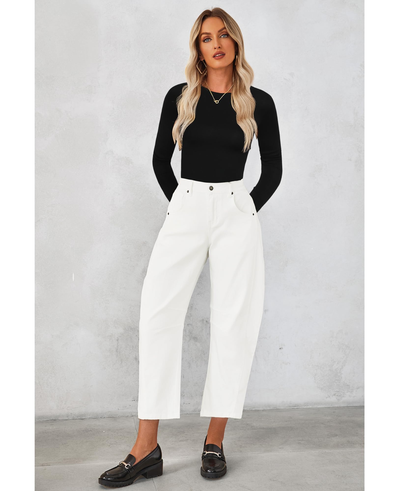 Utyful Jean barrel pour femme, coupe baggy tendance, taille haute, style décontracté et vieilli, extensible, pantalon en denim ample avec poches