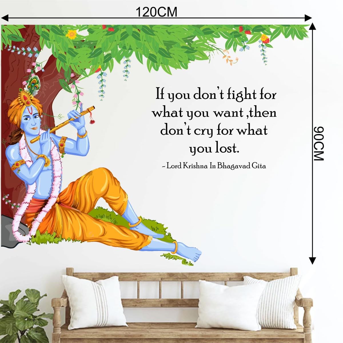 Rawpockets Decals ' Lord Krishna Flute Bhagavad Gita Quote ' Extra Large Size (Wall Coverage Area - Height 90 cms X Width 120 cms)(Pack of 1) Wall Sticker 2