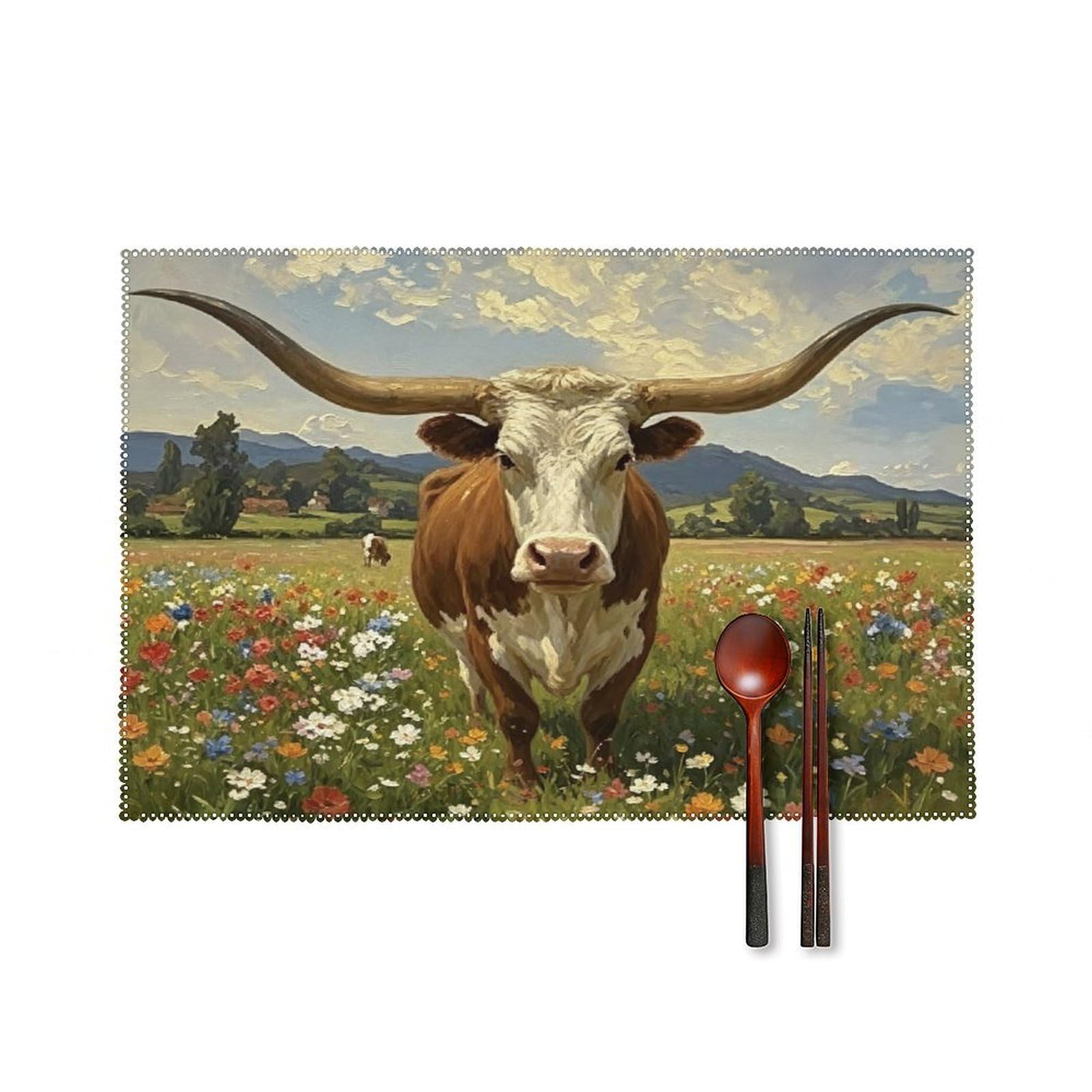 Fekiloot Style Longhorn Cow Placemats Set Of 6,Table Mat