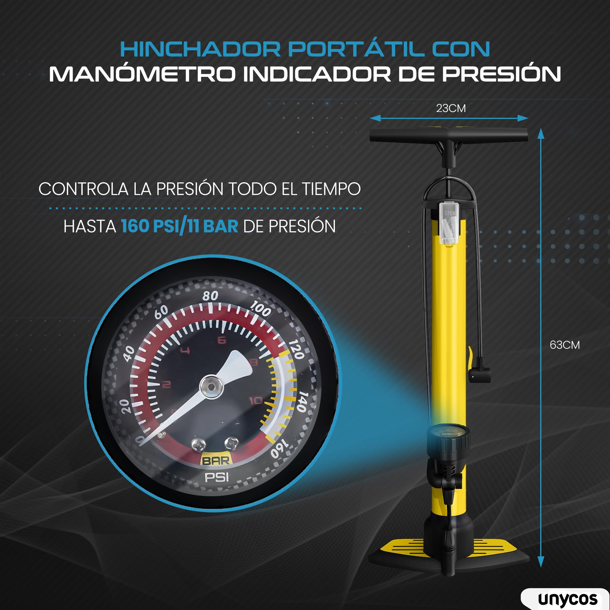 unycos - Bomba de Bicicleta con Manómetro de Alta Presión y Válvulas【Presta | Schrader】 160 PSI/11 Bar | Inflador de Ruedas, Neumáticos, Pelotas, Flotadores, Anillos de Natación, 63x23 cm - 3