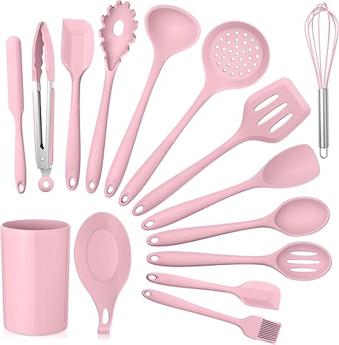 E-far Juego de utensilios de cocina, 15 piezas de utensilios de cocina de silicona con soporte, utensilios de cocina antiadherentes y resistentes al