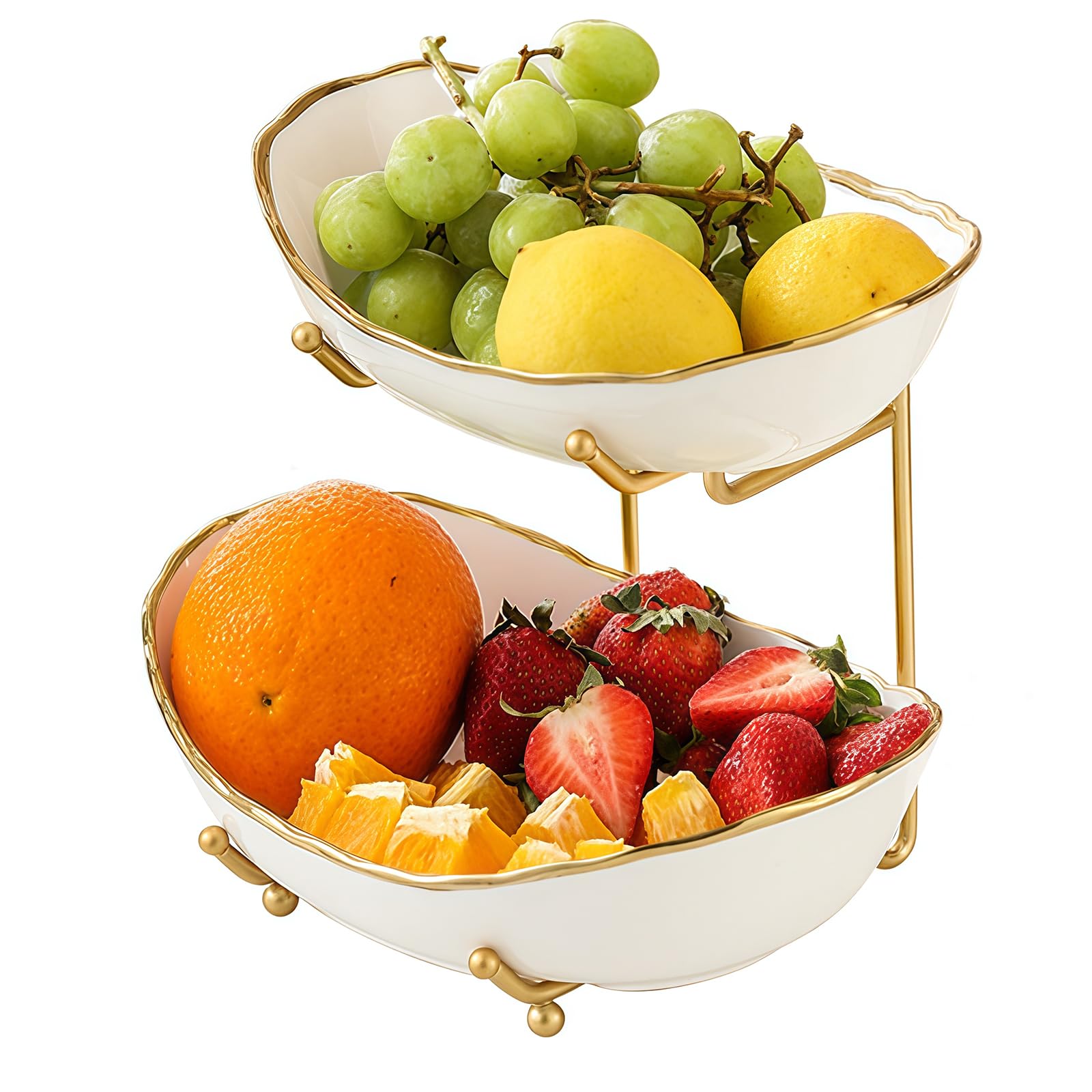 2 Tier Ceramic Fruit Bowl for Kitchen Counter, Tiered Fruit Basket for Countertop, Modern Multi Layer Fruit Display Stand for Party, Cute (Gold-rimmed, Small) Gold-rimmed Small