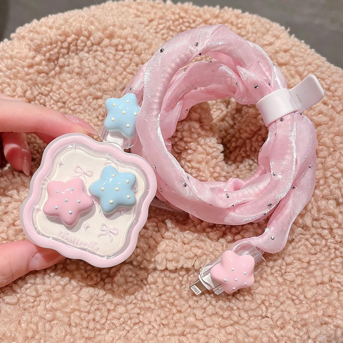 Cute Cable Protector Charger Wire Saver for iPhone 40W USB-C Fast Charging, Power Adapter Cover Pink and Blue Stars Lovely Wave Design, Kawaii Case for iPhone 17 Dynamic Charger, Stars