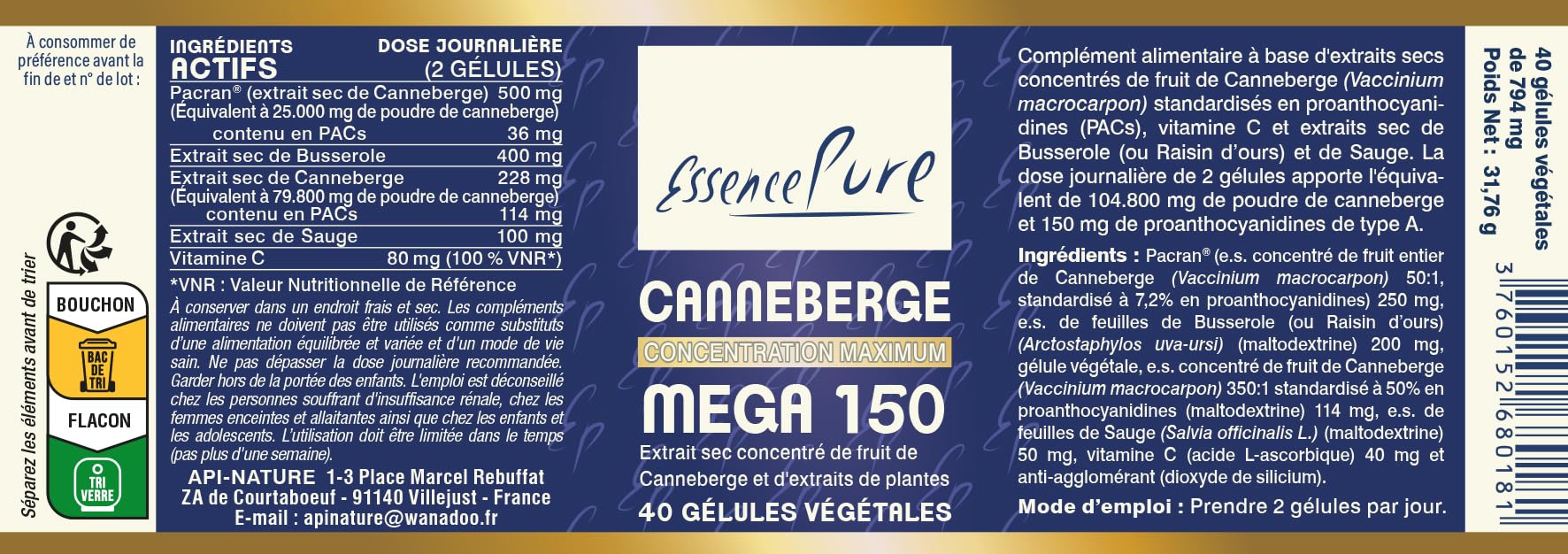 Canneberge Mega 150 PACs Essence Pure - Canneberge x50 concentré en busserole, sauge et vitamine C - 40 gélules végétaliennes par Api-Nature