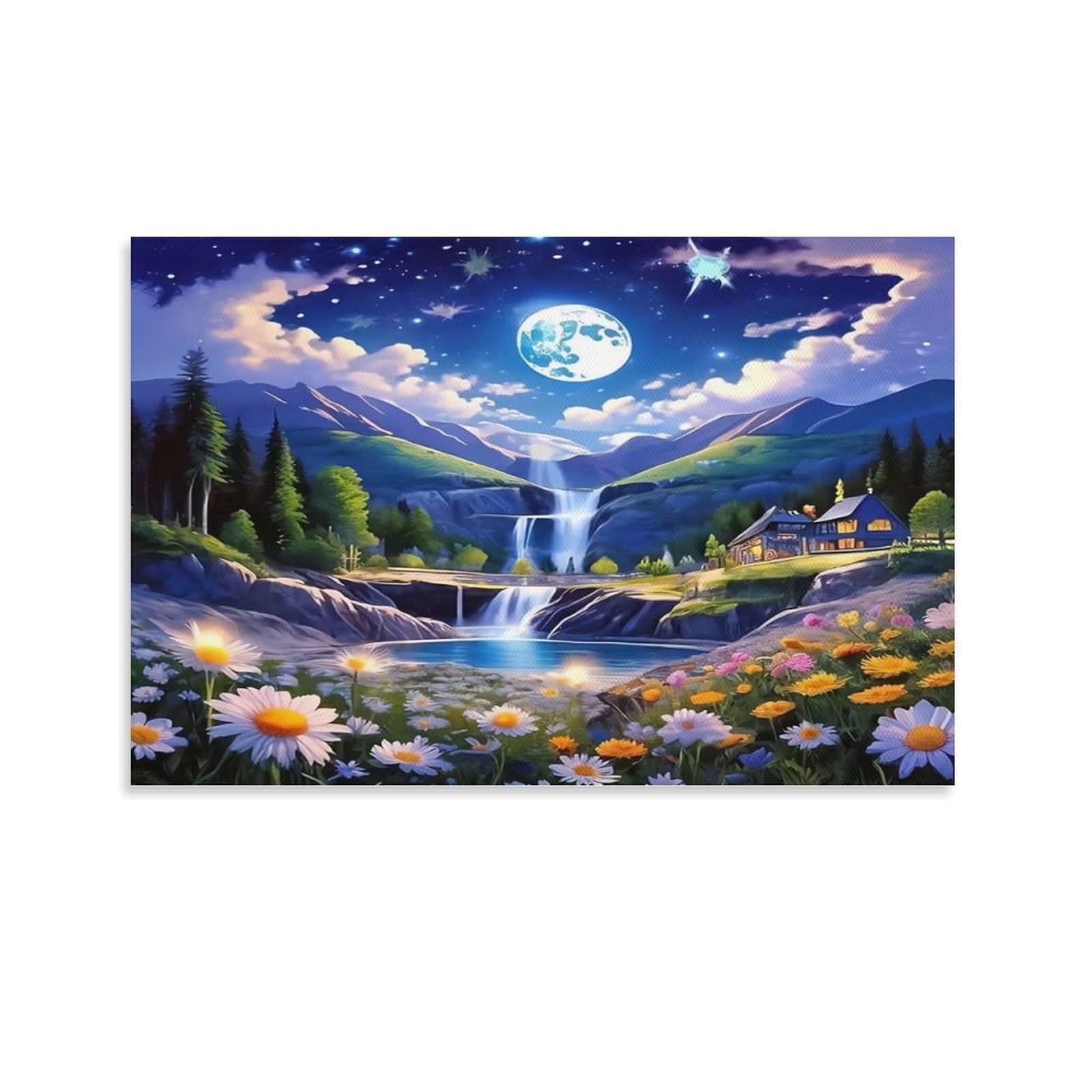 CPLVKWRQJ Snowy Mountain Waterfall with Deer Individual Moonlit Waterfall Cottage Starry Flower Meadow Framed Canvas Art - Living Room Focal Point Fade Resistant Gallery Wall Decor 16x24inch(40x60cm)