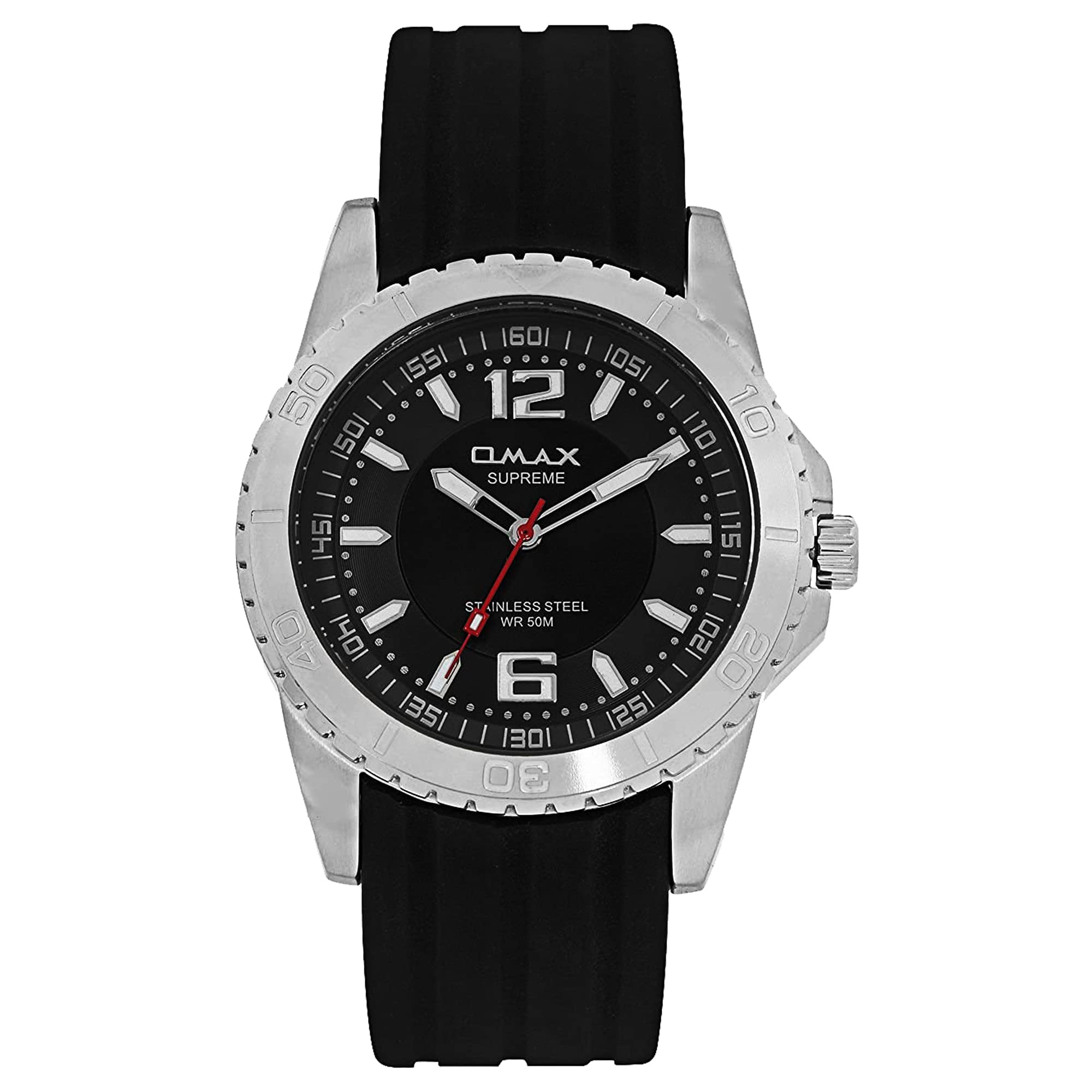 OMAXAnalog Quartz Black Dial Sporty and Trendy All Stainless Steel case Durable Long Lasting Black Silicone Watch for Men and Boys-SS277