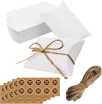 ALI2 Kraft Paper Pillow Candy Box, 50 Pack Kraft Gift Pillow Boxes with Jute Rope, Thank You Treat Boxes for Gifts, Foldable Gift Box for Wedding Party, Birthdays, Holidays White