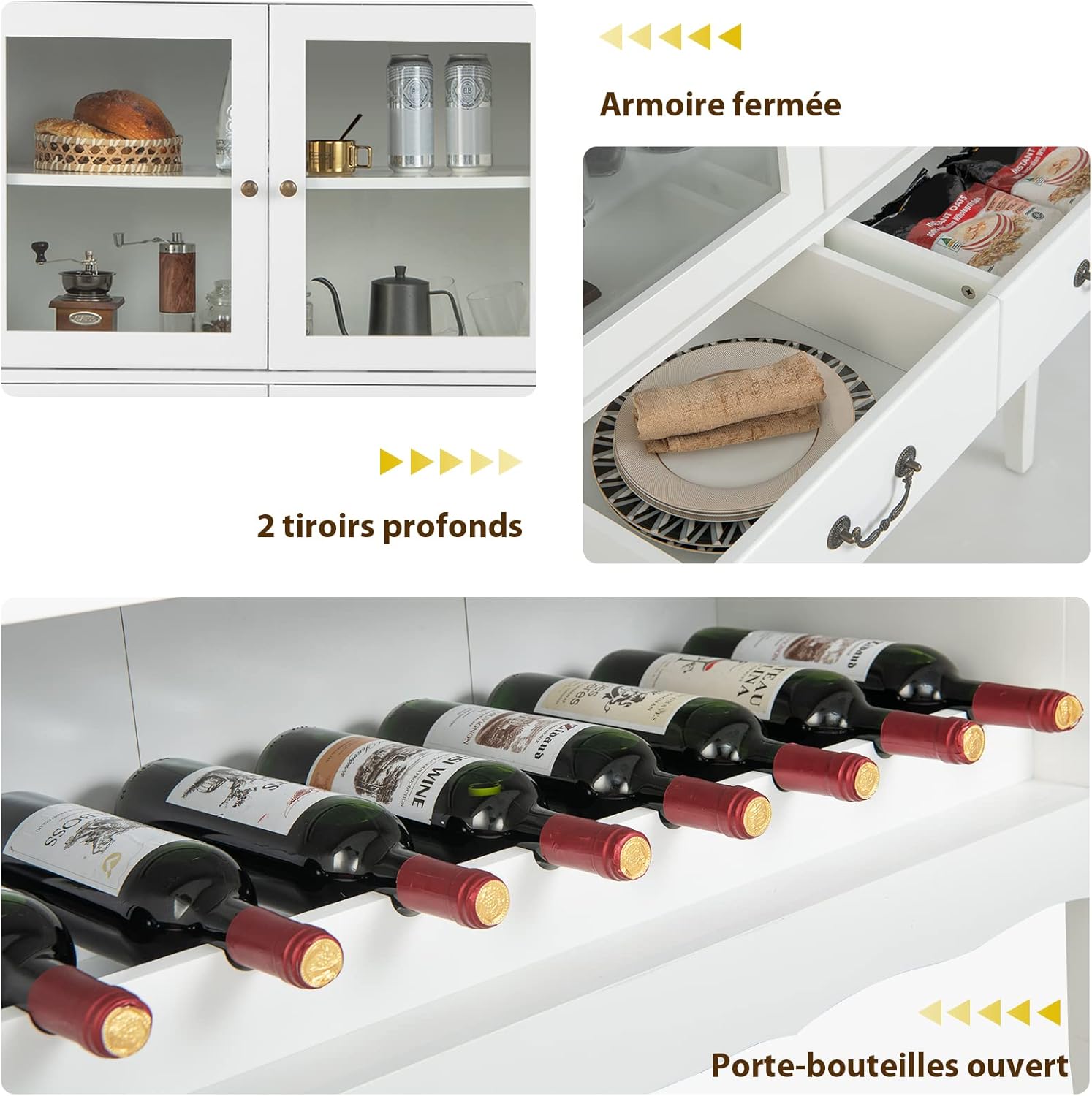 Close-up images showing the closed cabinet, open drawer with contents, and wine bottles in the rack.