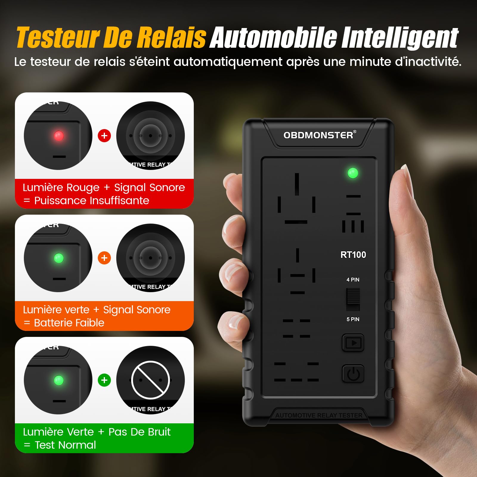 Testeur de Relais de Voiture 12 V/24 V, Testeur de Relais, Vérificateur de Relais Électronique, Outil D'inspection et de Diagnostic de Relais sans fil 4 Broches/5 Broches pour Réparation Automatique