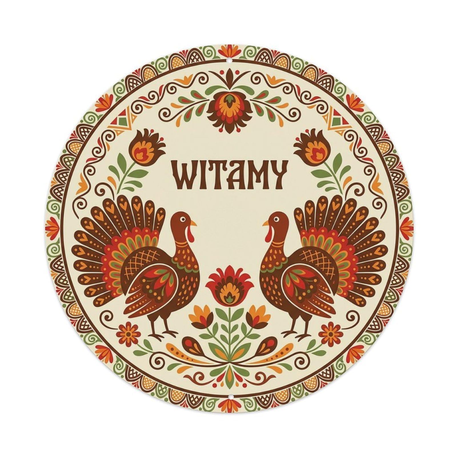 Vintage Polish Folk Art Witamy Welcome Turkey Farm Metal Tin Sign