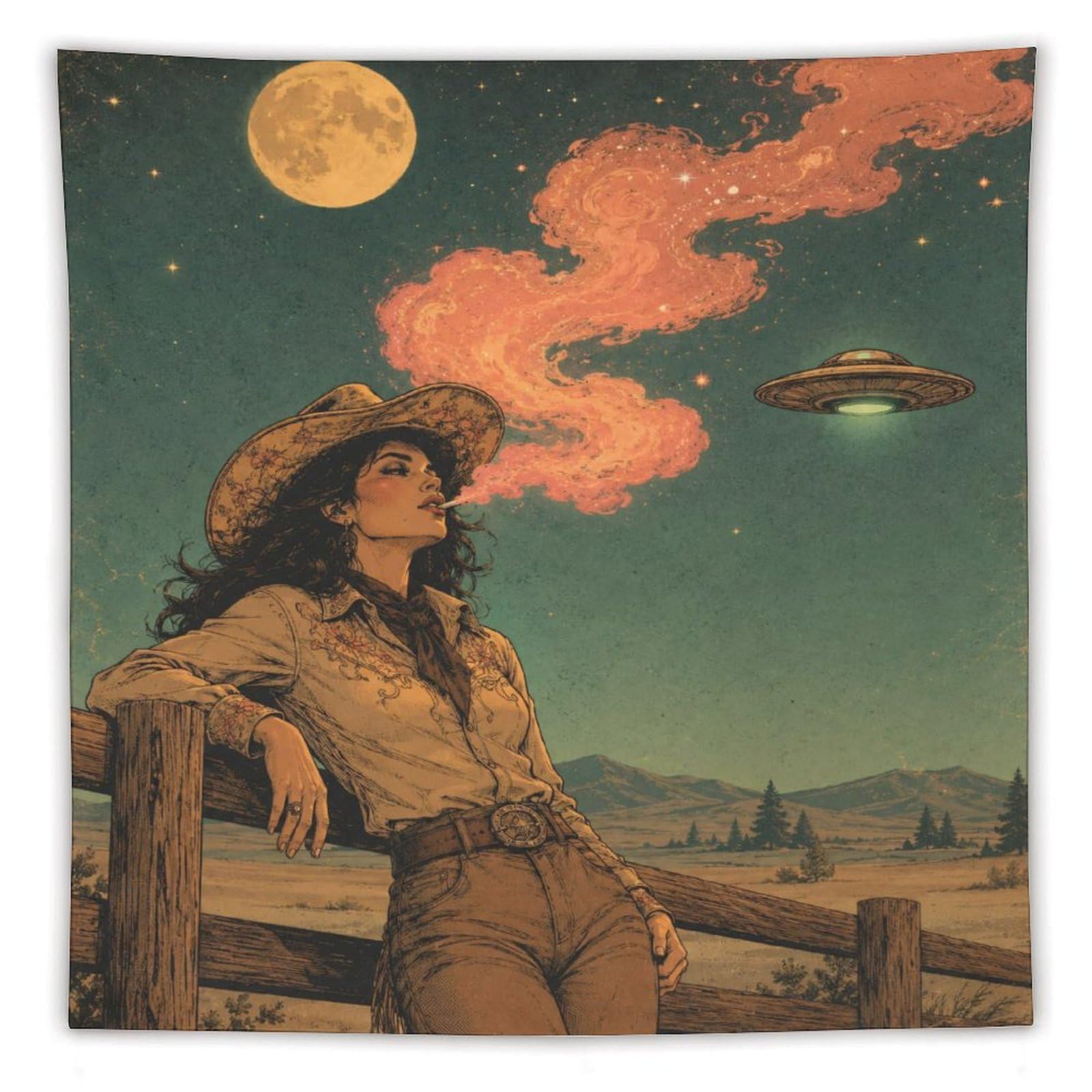 W7C8U2X3 UFO Cowgirl Western Moon Wall Tapestry, Fantasy Illustration Style